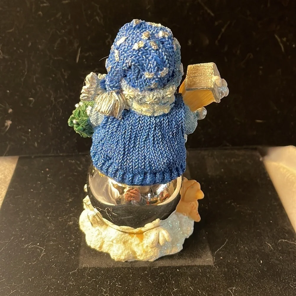 Vintage Blue & White Sparkling Snowman Silver Ornament Base Figurine